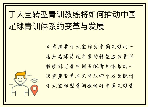 于大宝转型青训教练将如何推动中国足球青训体系的变革与发展