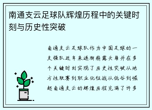 南通支云足球队辉煌历程中的关键时刻与历史性突破